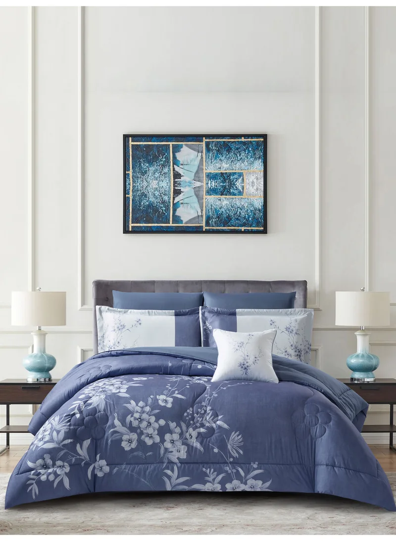 Donetella Bedding Comforter Set, King Size Fits 200x200 cm - 7-Pcs Digital Print Quilted Bed Set, Microfiber Fabric - 1 Comforter, 1 Fitted Sheet, 2 Pillow Shams, 2 Pillowcases 1 Cushion Cover.