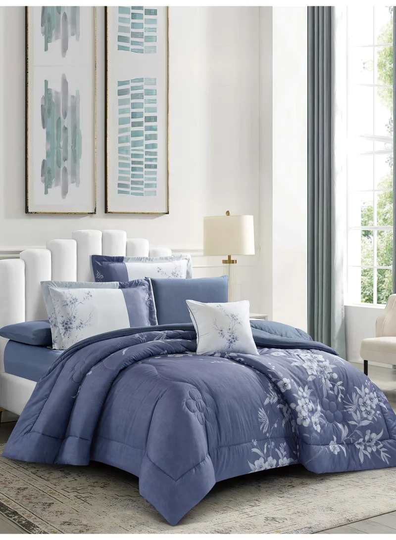 Donetella Bedding Comforter Set, King Size Fits 200x200 cm - 7-Pcs Digital Print Quilted Bed Set, Microfiber Fabric - 1 Comforter, 1 Fitted Sheet, 2 Pillow Shams, 2 Pillowcases 1 Cushion Cover.