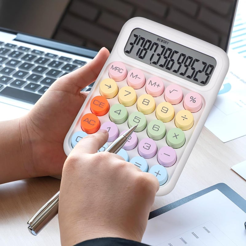 BESTonZON 2pcs Small Portable Mechanical Keyboard Calculators with Large Round Buttons, LCD Display, Aesthetic Purple and Moonlight White, Office Desk Calculators for Home and School Use - Image 4