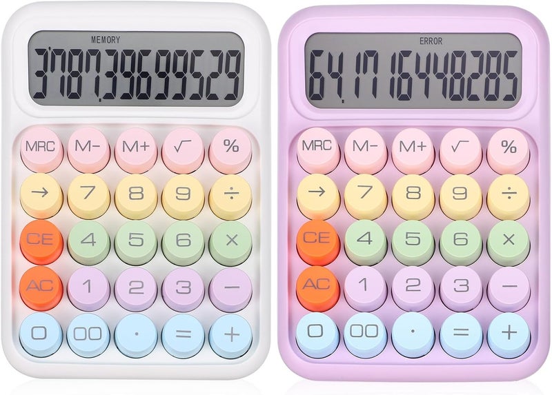 BESTonZON 2pcs Small Portable Mechanical Keyboard Calculators with Large Round Buttons, LCD Display, Aesthetic Purple and Moonlight White, Office Desk Calculators for Home and School Use - Image 1