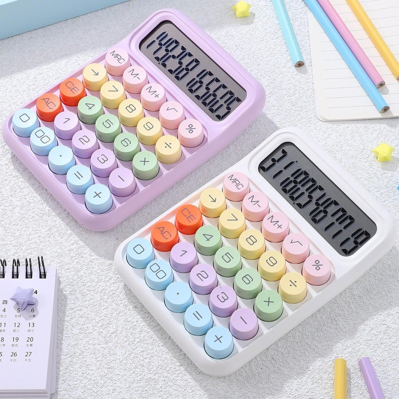 BESTonZON 2pcs Small Portable Mechanical Keyboard Calculators with Large Round Buttons, LCD Display, Aesthetic Purple and Moonlight White, Office Desk Calculators for Home and School Use - Image 3