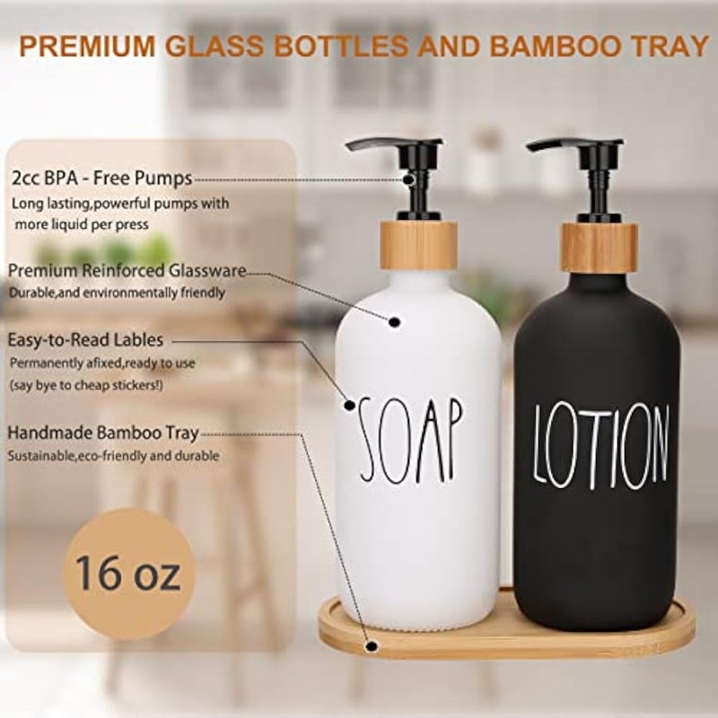 AfooBezos Soap Dispenser Bathroom Set, Hand Soap and Lotion Dispenser Set with Tray for Bathroom, Black and White Bathroom Decor Modern Farmhouse Decor Kitchen Art Dish Soap Holder (Black & White) - Image 5