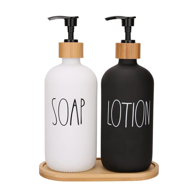AfooBezos Soap Dispenser Bathroom Set, Hand Soap and Lotion Dispenser Set with Tray for Bathroom, Black and White Bathroom Decor Modern Farmhouse Decor Kitchen Art Dish Soap Holder (Black & White) - Image 1