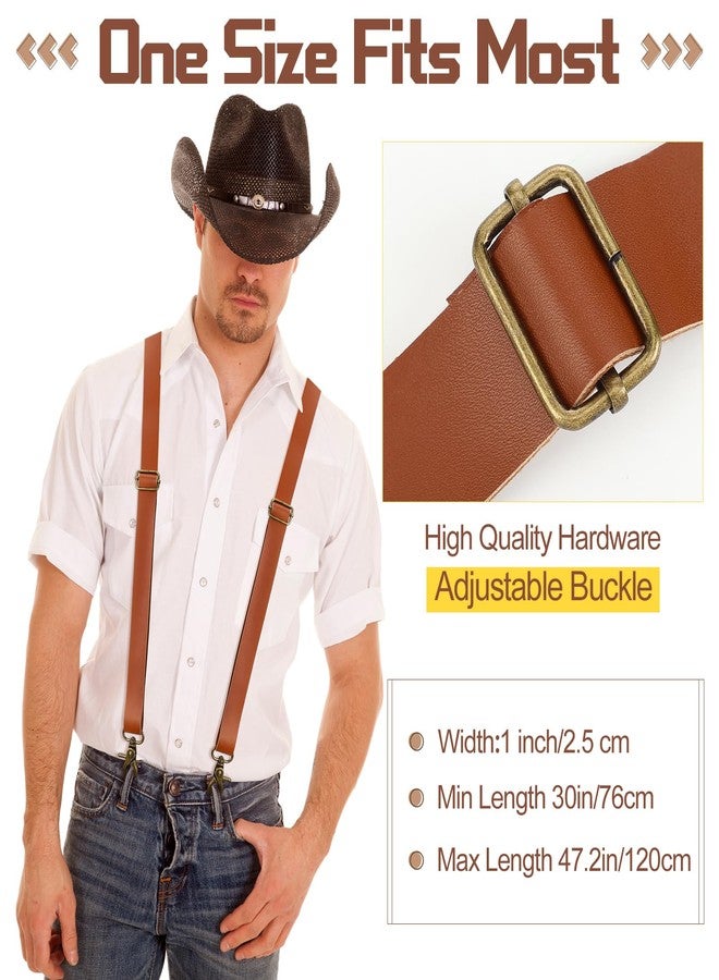 Silicherry 2 Pcs X-Suspenders for men Brown Leather Suspenders Adjustable Back Strap with Swivel Hooks for Jeans Wedding Groomsmen - Image 3