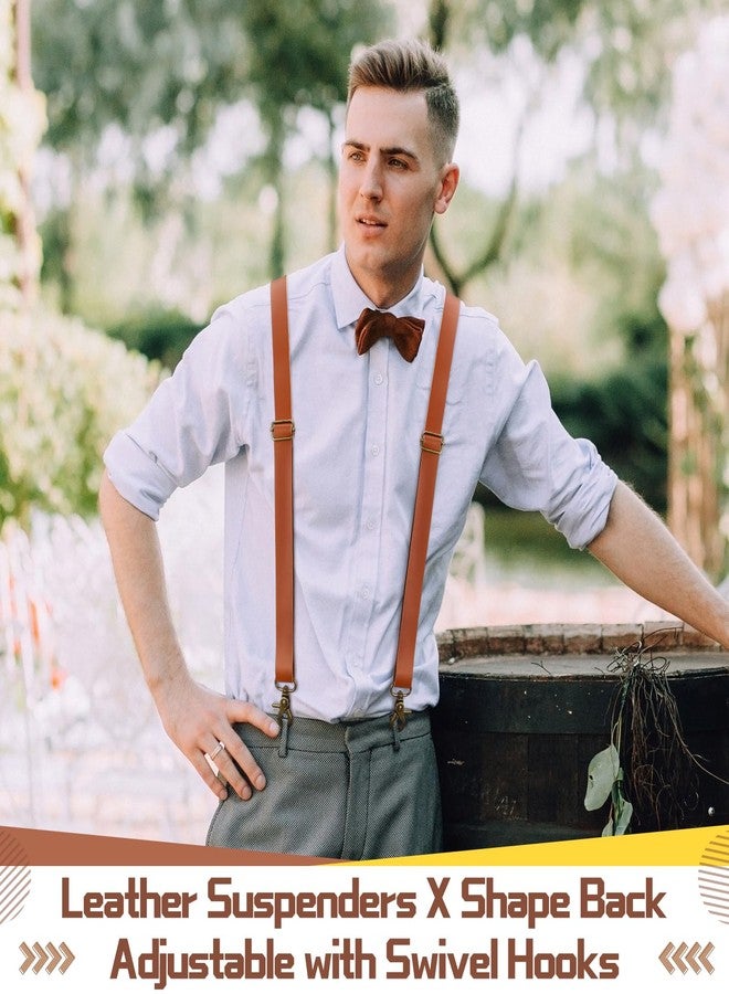 Silicherry 2 Pcs X-Suspenders for men Brown Leather Suspenders Adjustable Back Strap with Swivel Hooks for Jeans Wedding Groomsmen - Image 2
