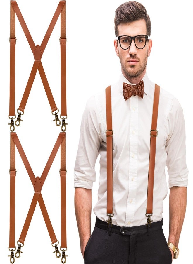 Silicherry 2 Pcs X-Suspenders for men Brown Leather Suspenders Adjustable Back Strap with Swivel Hooks for Jeans Wedding Groomsmen - Image 1
