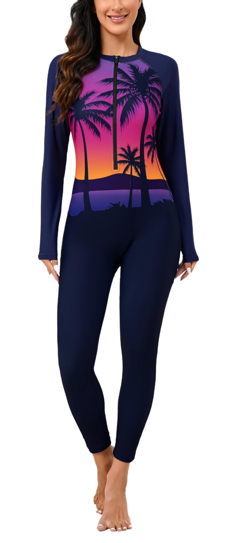 Halcurt Ladies Winter Swimsuit One Piece Rash Guard Zip Front Full Sleeves Wet Suits Navy S