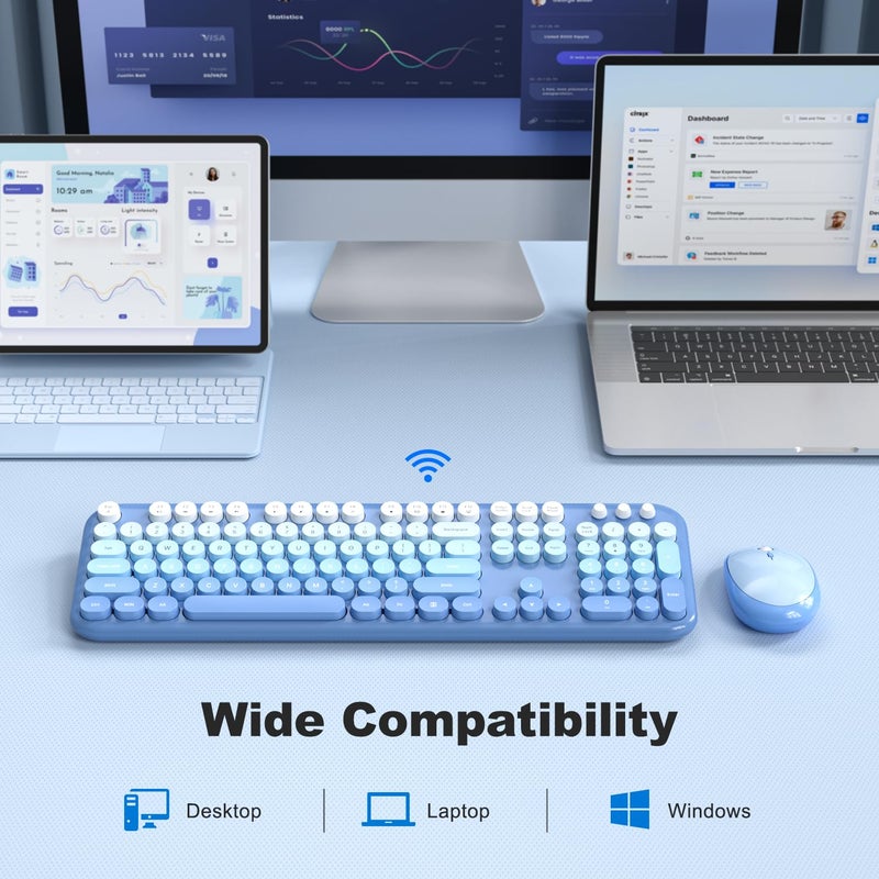 KNOWSQT Wireless Keyboard Mouse Combo - Lovely Blue-Gradient Rainbow Full-Sized Typewriter Colorful Keyboards, Round Keycap Plug Play Retro Cute Keyboards for Windows, Laptop, PC, Desktop, Computer - Image 4