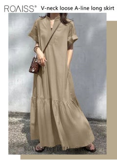 roaiss Women Loose Fit Solid Color  Embellished Maxi High-Rise  Dress with Stand Collar Short Sleeves V Neckline Button Up Closure and Flared Hemline A Line Silhouette  for Ladies Ramadan Eid al-Adha  - Image 2