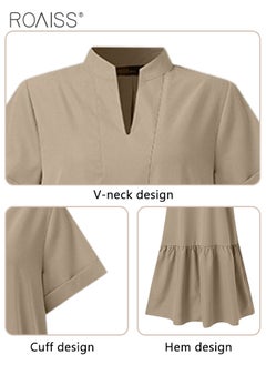 roaiss Women Loose Fit Solid Color  Embellished Maxi High-Rise  Dress with Stand Collar Short Sleeves V Neckline Button Up Closure and Flared Hemline A Line Silhouette  for Ladies Ramadan Eid al-Adha  - Image 5