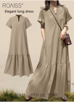 roaiss Women Loose Fit Solid Color  Embellished Maxi High-Rise  Dress with Stand Collar Short Sleeves V Neckline Button Up Closure and Flared Hemline A Line Silhouette  for Ladies Ramadan Eid al-Adha  - Image 3