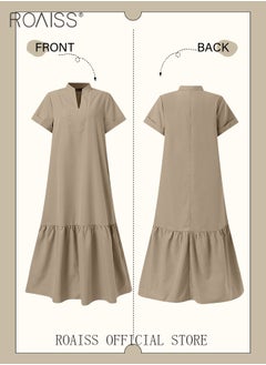 roaiss Women Loose Fit Solid Color  Embellished Maxi High-Rise  Dress with Stand Collar Short Sleeves V Neckline Button Up Closure and Flared Hemline A Line Silhouette  for Ladies Ramadan Eid al-Adha  - Image 4