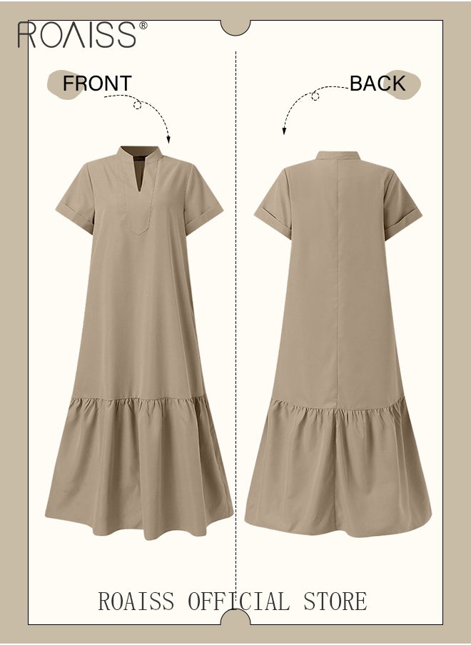 roaiss Women Loose Fit Solid Color  Embellished Maxi High-Rise  Dress with Stand Collar Short Sleeves V Neckline Button Up Closure and Flared Hemline A Line Silhouette  for Ladies Ramadan Eid al-Adha  - Image 4