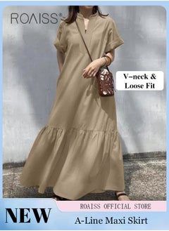 roaiss Women Loose Fit Solid Color  Embellished Maxi High-Rise  Dress with Stand Collar Short Sleeves V Neckline Button Up Closure and Flared Hemline A Line Silhouette  for Ladies Ramadan Eid al-Adha  - Image 1