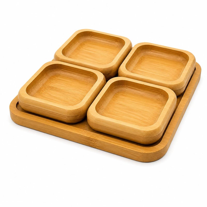 Premium Natural Bamboo Wood Serving and Serving Set of 5 - Square Base Tray with 4 Small Serving Plates for Nuts, Dried Fruits, Sauces, Appetizers - Elegant Set for Everyday and Event Serving - Image 3