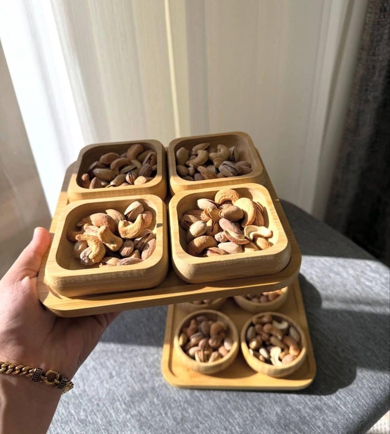 Premium Natural Bamboo Wood Serving and Serving Set of 5 - Square Base Tray with 4 Small Serving Plates for Nuts, Dried Fruits, Sauces, Appetizers - Elegant Set for Everyday and Event Serving - Image 4
