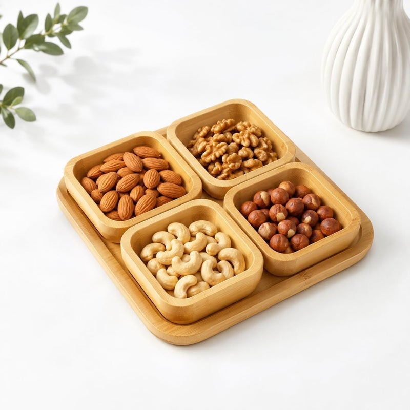 Premium Natural Bamboo Wood Serving and Serving Set of 5 - Square Base Tray with 4 Small Serving Plates for Nuts, Dried Fruits, Sauces, Appetizers - Elegant Set for Everyday and Event Serving - Image 2