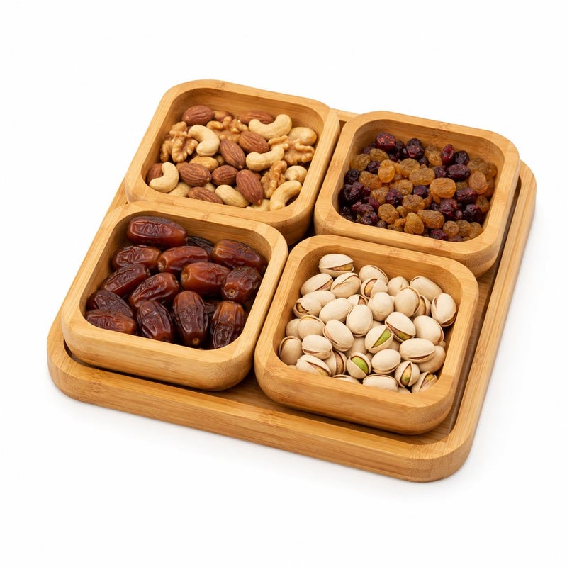 Premium Natural Bamboo Wood Serving and Serving Set of 5 - Square Base Tray with 4 Small Serving Plates for Nuts, Dried Fruits, Sauces, Appetizers - Elegant Set for Everyday and Event Serving - Image 1