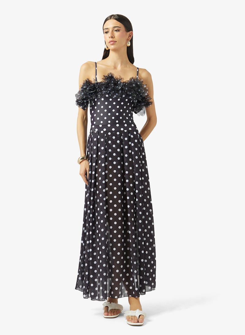ELLA Polka Print Off Shoulder Swimsuit With Skirt - Image 1