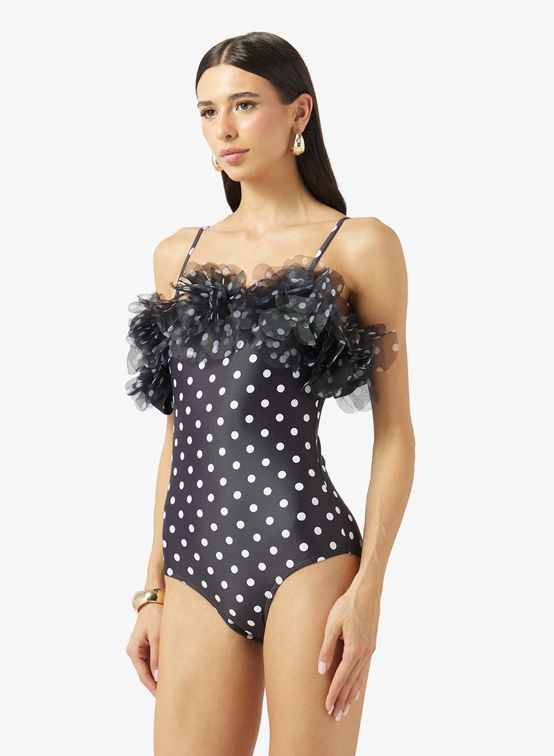 ELLA Polka Print Off Shoulder Swimsuit With Skirt - Image 3