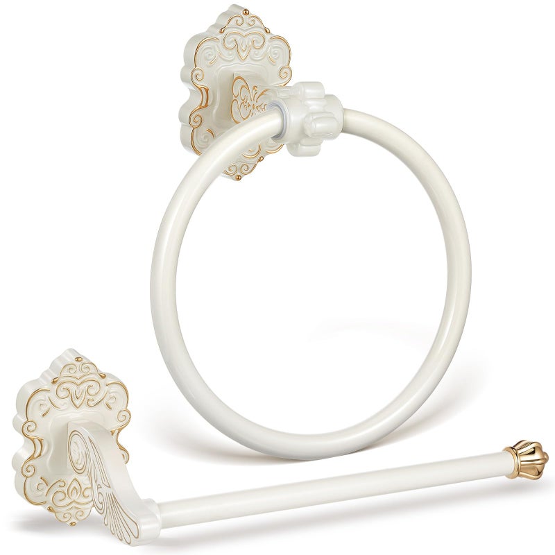 Otoolling 2 Pcs Antique White Toilet Paper Holder Towel Ring, Hand Towel Hanger Toilet Paper Roll Holder Wall Mount Retro Vintage Bathroom Hardware (Circle) - Image 1