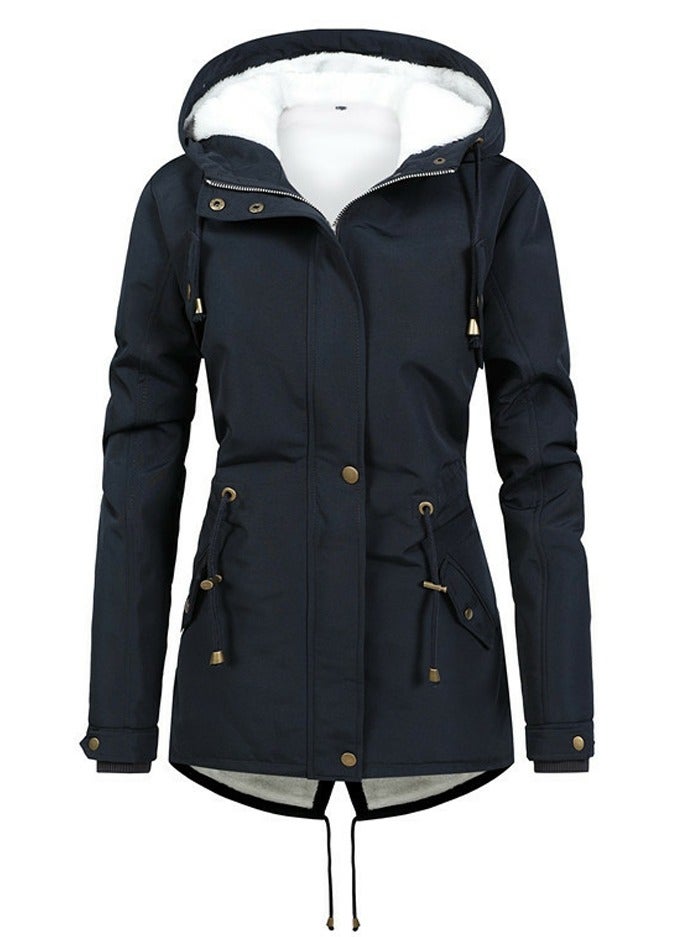 Loquat Women's Mid Length Warm Thick Coat Long Sleeve Hooded  Zippered Outer Garment Blackish Blue