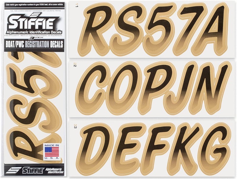 Stiffie Whipline Black/Tan 3" Boat & PWC Registration Decals • Numbers Letters Stickers - Image 1