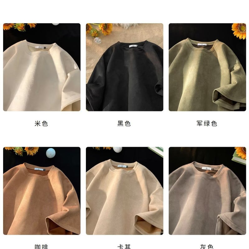 Suede Mid-Sleeve Heavy Short-Sleeved T-Shirt For Men And Women American Style Retro Short-Sleeved Trendy Brand Basic Base Half Sleeve - Image 3