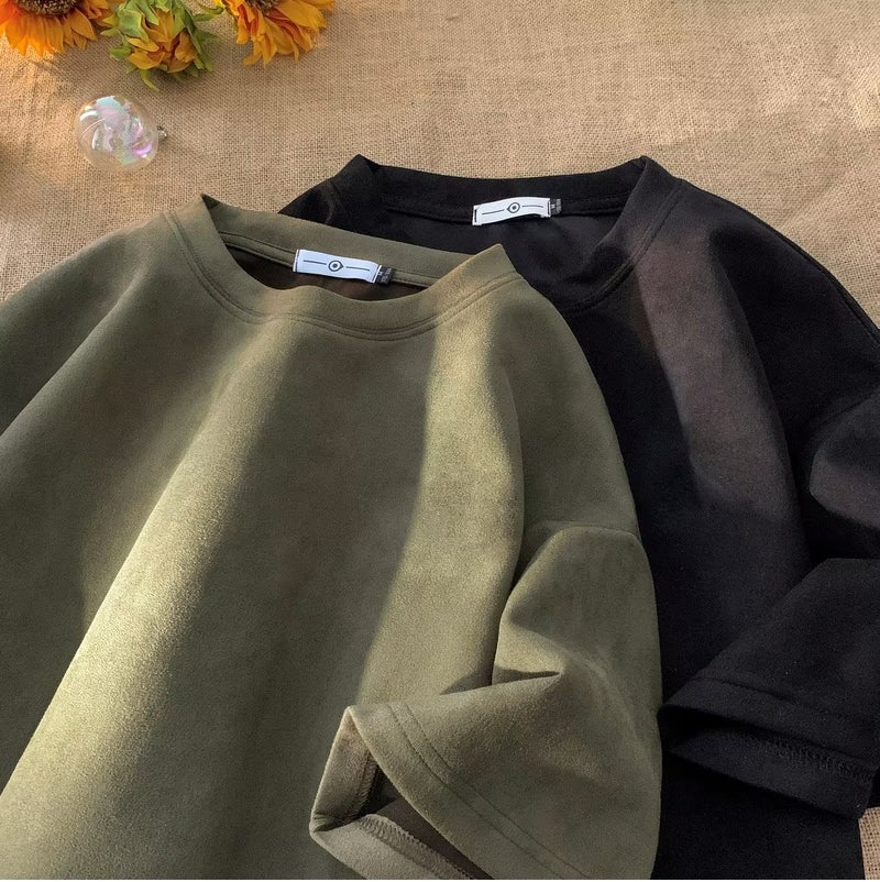 Suede Mid-Sleeve Heavy Short-Sleeved T-Shirt For Men And Women American Style Retro Short-Sleeved Trendy Brand Basic Base Half Sleeve - Image 1