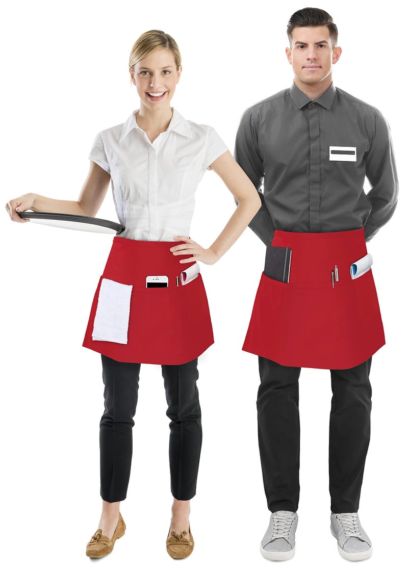 Utopia Wear 4 Pack Server Aprons with 3 Pockets, Waiter and Waitress Waist Aprons for Women with Pockets, Water and Oil Resistant Men Short Aprons (Red) - Image 2