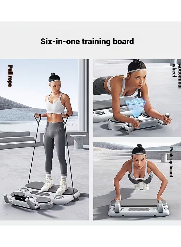 لوح تدريب متعدد الوظائف مع مقابض تمارين الضغط وعجلة البطن وأحزمة مقاومة – معدات تمارين منزلية لكامل الجسم – أسود ورمادي - Image 1