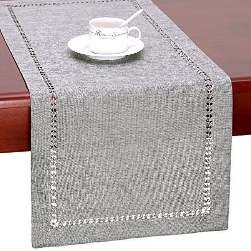 Grelucgo Handmade Hemstitch Gray Dining Table Runner Or Dresser Scarf, Rectangular 14 by 48 Inch - Image 1