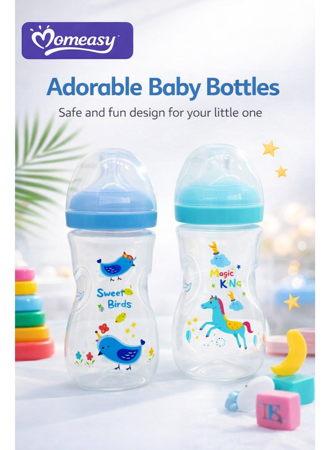 Momeasy 2 Pack 240ml Baby Feeding Bottles, Anti-Colic Valve, Breast-Like Soft Silicone Nipple, BPA-Free, Leakproof, Wide Neck, Easy Clean, Newborn/Infant Milk Bottle Set