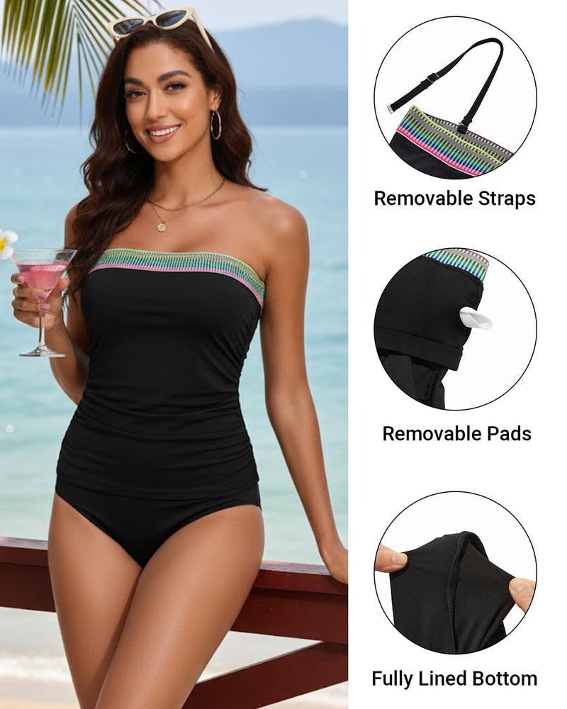 Daci Black Webbing Color Block Bandeau Tankini Swimsuits for Women - Two Piece Ruched Tummy Control Bathing Suit Strapless Swimwear with Bottom XL - Image 4