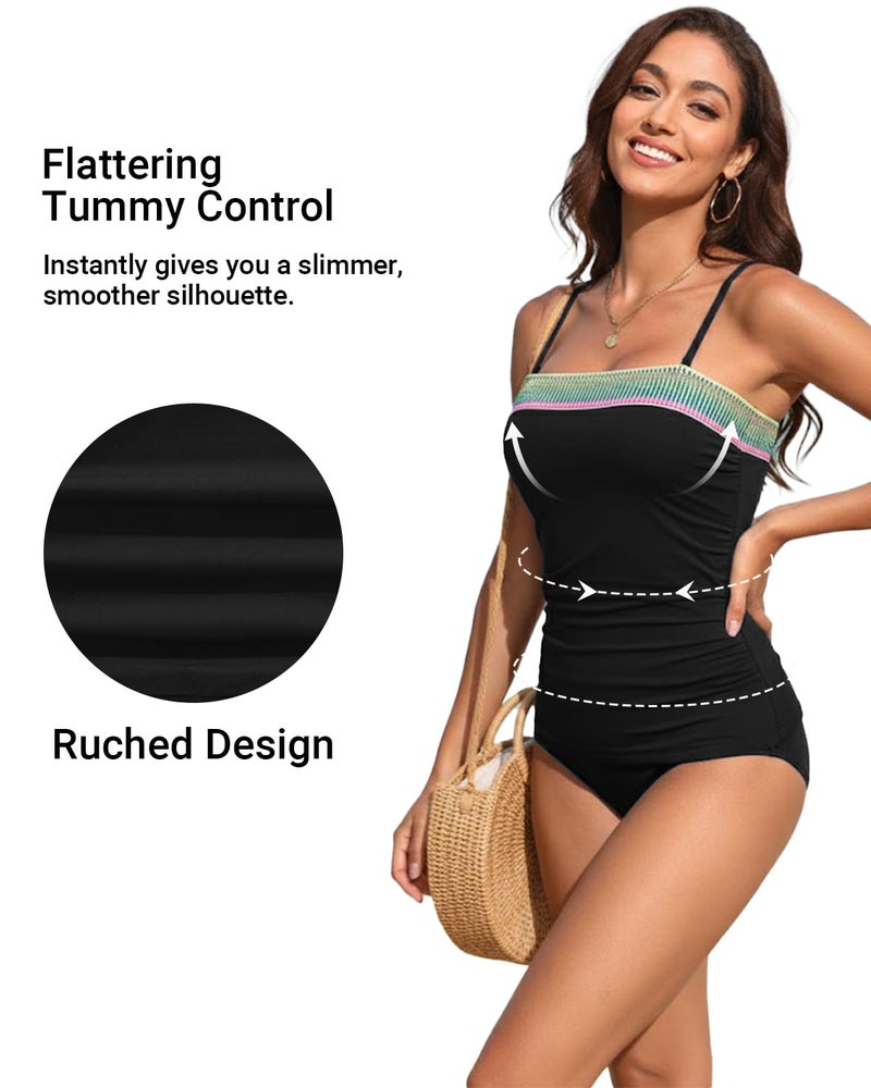 Daci Black Webbing Color Block Bandeau Tankini Swimsuits for Women - Two Piece Ruched Tummy Control Bathing Suit Strapless Swimwear with Bottom XL - Image 5