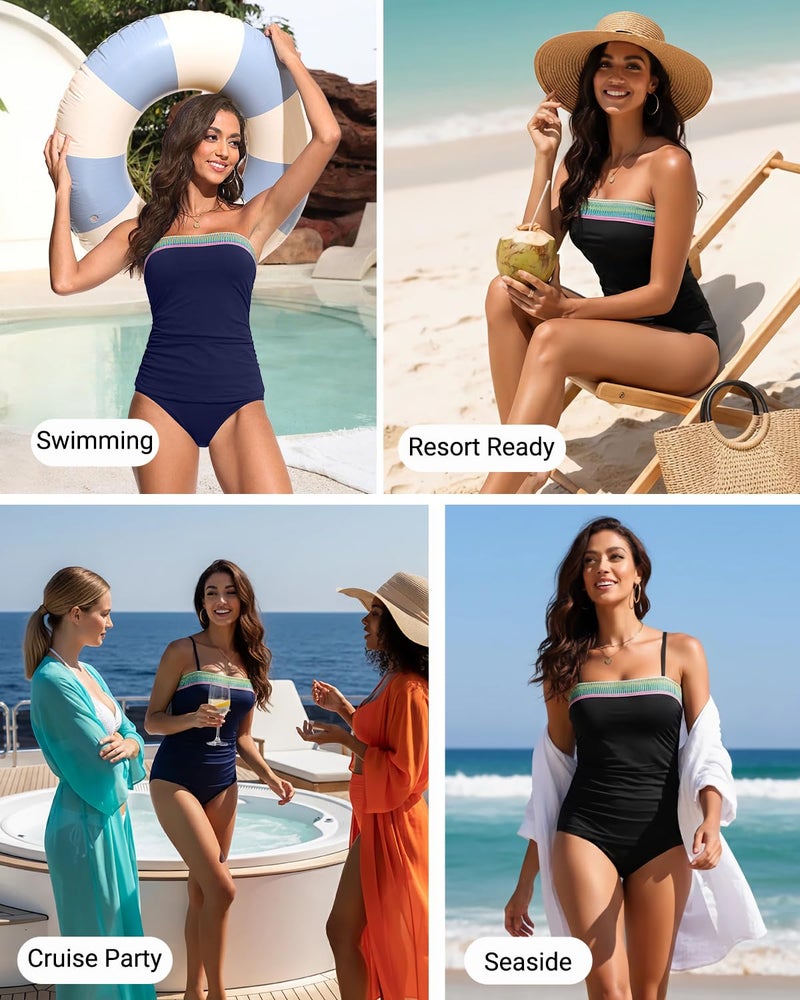 Daci Black Webbing Color Block Bandeau Tankini Swimsuits for Women - Two Piece Ruched Tummy Control Bathing Suit Strapless Swimwear with Bottom XL - Image 2