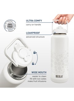 BEOLA 1200ml Water Bottle 18/8 Stainless Steel 304 Double Wall Insulated Thermos Bottle with a wide mouth, 2 lids included, Hot Cold Liquids Sports Bottle bella, 40oz Bottle (Sparkling White)  - Image 3