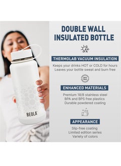 BEOLA 1200ml Water Bottle 18/8 Stainless Steel 304 Double Wall Insulated Thermos Bottle with a wide mouth, 2 lids included, Hot Cold Liquids Sports Bottle bella, 40oz Bottle (Sparkling White)  - Image 4