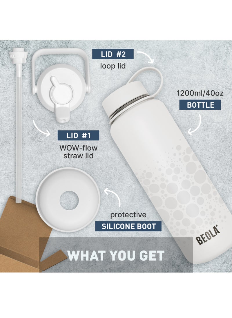 BEOLA 1200ml Water Bottle 18/8 Stainless Steel 304 Double Wall Insulated Thermos Bottle with a wide mouth, 2 lids included, Hot Cold Liquids Sports Bottle bella, 40oz Bottle (Sparkling White)  - Image 2
