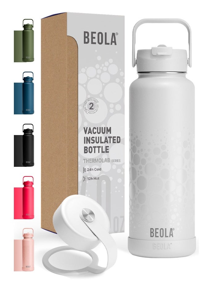 BEOLA 1200ml Water Bottle 18/8 Stainless Steel 304 Double Wall Insulated Thermos Bottle with a wide mouth, 2 lids included, Hot Cold Liquids Sports Bottle bella, 40oz Bottle (Sparkling White)  - Image 1