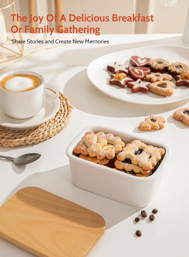 سويز طبق زبدة سويز مع غطاء، حافظة كبيرة من البورسلين بغطاء من خشب الزان، مثالية لزبدة الساحل الشرقي والغربي، أبيض - Image 4