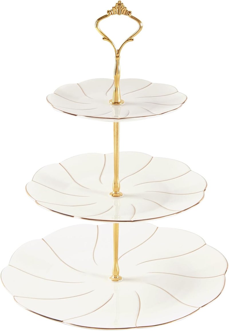 DUJUST Luxury Larger 3-Tier Cupcake Stand Tower, British Style Porcelain Serving Tray with Golden Trim, Food Grade Dessert Display Stand for Tea Party & Home Décor - 45% Larger Plates - Image 1