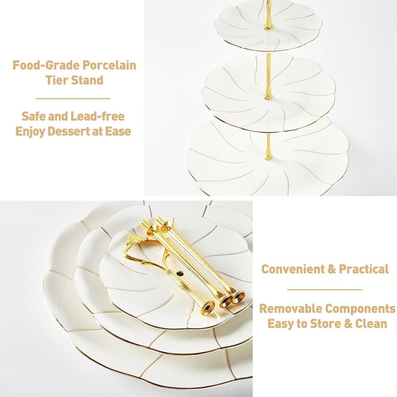 DUJUST Luxury Larger 3-Tier Cupcake Stand Tower, British Style Porcelain Serving Tray with Golden Trim, Food Grade Dessert Display Stand for Tea Party & Home Décor - 45% Larger Plates - Image 5