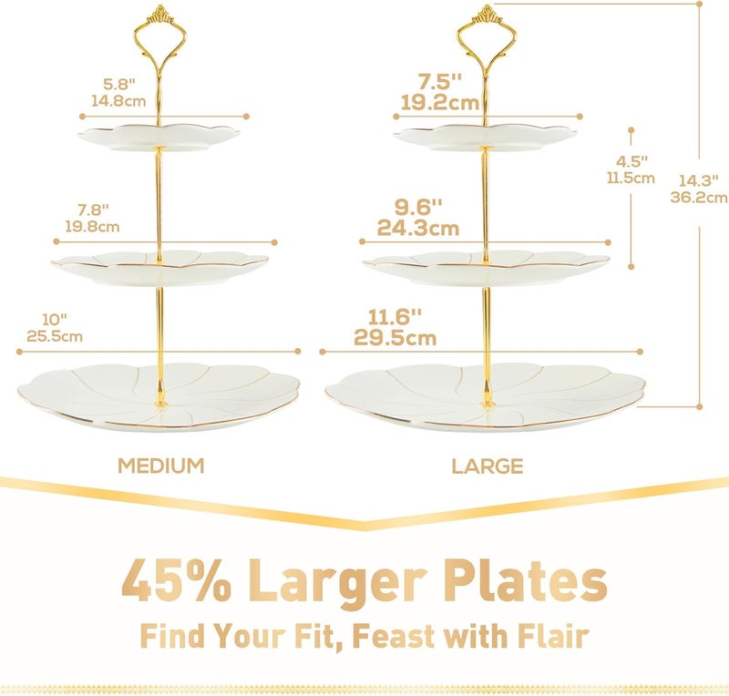 DUJUST Luxury Larger 3-Tier Cupcake Stand Tower, British Style Porcelain Serving Tray with Golden Trim, Food Grade Dessert Display Stand for Tea Party & Home Décor - 45% Larger Plates - Image 2