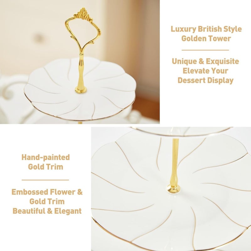 DUJUST Luxury Larger 3-Tier Cupcake Stand Tower, British Style Porcelain Serving Tray with Golden Trim, Food Grade Dessert Display Stand for Tea Party & Home Décor - 45% Larger Plates - Image 4