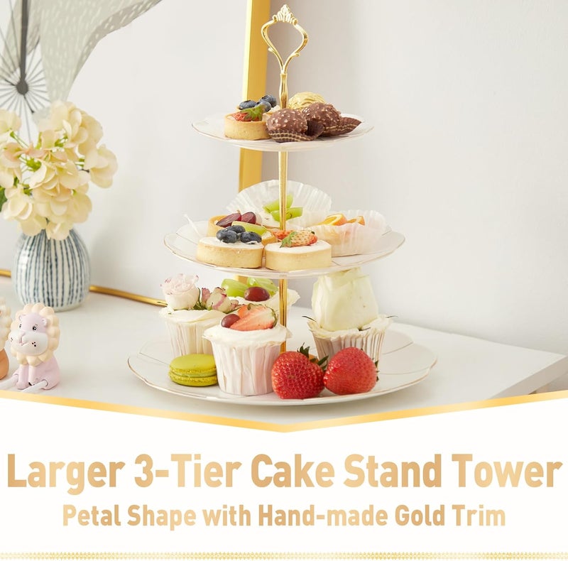 DUJUST Luxury Larger 3-Tier Cupcake Stand Tower, British Style Porcelain Serving Tray with Golden Trim, Food Grade Dessert Display Stand for Tea Party & Home Décor - 45% Larger Plates - Image 3