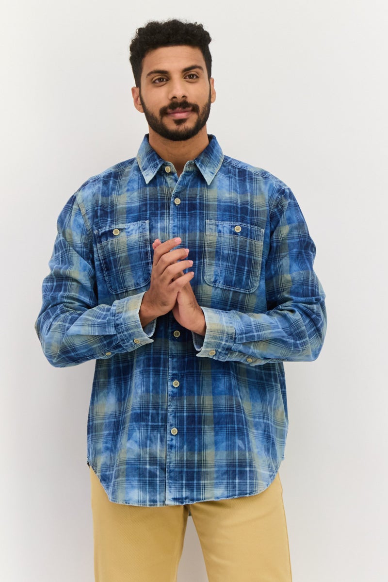 TRUE GRIT Men Regular Fit Long Sleeves Plaid Casual Shirt, Blue Combo - Image 1