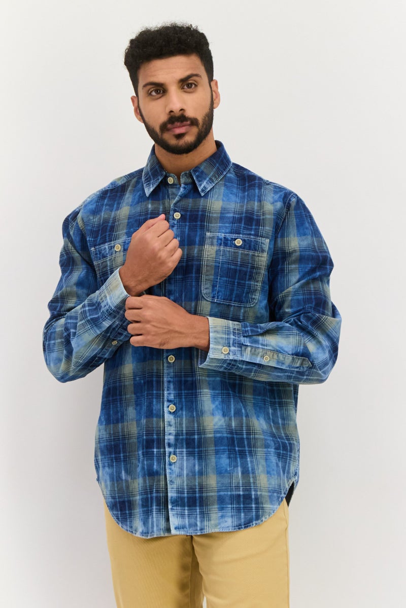 TRUE GRIT Men Regular Fit Long Sleeves Plaid Casual Shirt, Blue Combo - Image 3