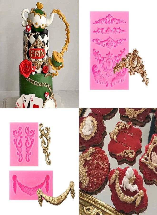 Rainmae 4 Pcs Baroque Fondant Silicone Molds, Relief Flower Lace Chocolate Mould, Scroll Lace Clay Mold, Filigree Mold 3D Sculpted Decoration, Cupcake Topper, Jewelry, Polymer Clay, Crafting Projects - Image 5