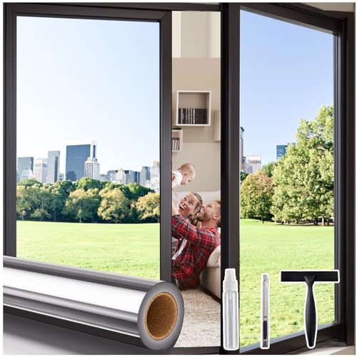 Coavas One Way Privacy Window Film with 3 Tools Reflective Window Tint for Home Daytime Privacy See Out Not In Heat Control UV Blocking Adhesive Covering for Bedroom Office175 x 787InchSilver - Image 1